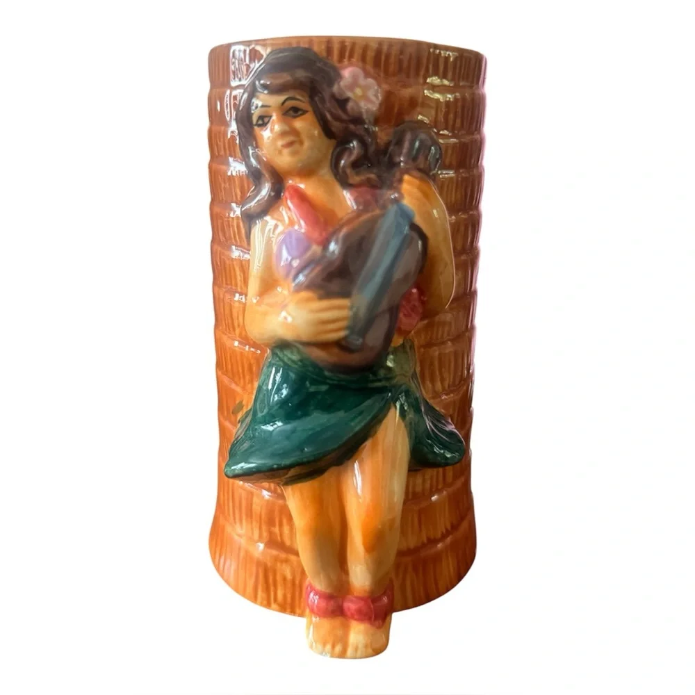 Vintage HAWAIIAN Tiki Cup Mug 3D Hula Girl Ukulele Hibiscus Palm Design